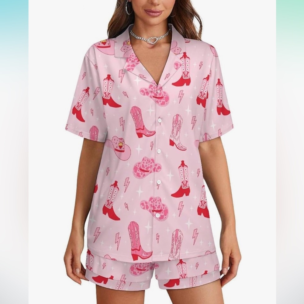 NWOT Pink Cowboy Boot Print Short Sleeved Pajama Set